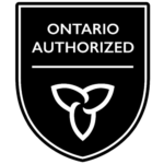Illustration of English cannabis retail seal consisting of “ONTARIO AUTHORIZED” in white capitalized text, above a white horizontal line, above an illustration of a white trillium, on a black background with a white border. This text alternative is provided for convenience only and does not form part of the official law.